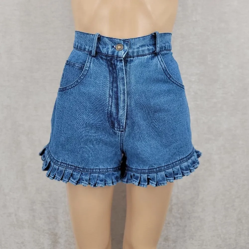 Newport News Vintage 90s Denim Ruffle Hem Women's Blue Jean Shorts High Rise Mom